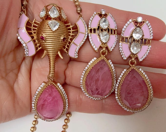 Premium Moissanite Doublet stone Ganpati Ganesh  long chain  Set/Kundan Moissanite Baby Pink doublet stone Necklace/ Indian Bridal Jewelry/