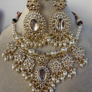 White Pearl Kundan Necklace Set with long jhumka and Tikka  /Kundan Choker/bridal necklace/Indian wedding jewelry/Bridal necklace set