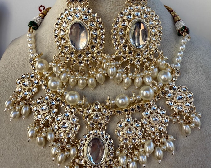 White Pearl Kundan Necklace Set with long jhumka and Tikka  /Kundan Choker/bridal necklace/Indian wedding jewelry/Bridal necklace set