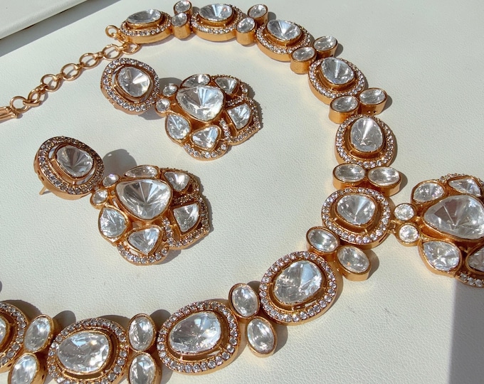 Semi Bridal double layer Moissanite necklace Set/Kundan Moissanite Necklace/ Indian Bridal Jewelry/Kundan Wedding Jewelry