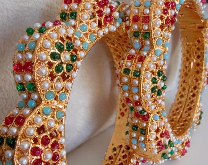 Multi pearls Rajwadi Kada  / Gold Pearl Kada/ Emerald Rajwadi Kada /Indian Wedding jewelry/ Kundan bridal bangles/Rajwadi Jadau  Kada