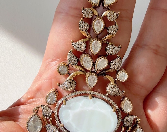 Mother of Pearl Stone Moissanite kundan Earrings/Elegant Statement Jewelry/Doublet Moissanite Polki Earrings/Bridal Diamond earrings