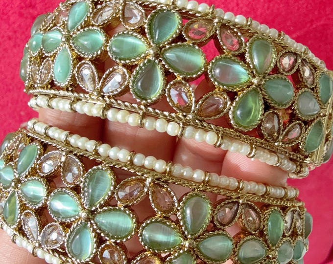 Openable Mint  Kundan Polki bridal Bangles kada pair/antique Finished Kundan Polki wide Kada/Indian Jewelry/Mint Kundan Kangan