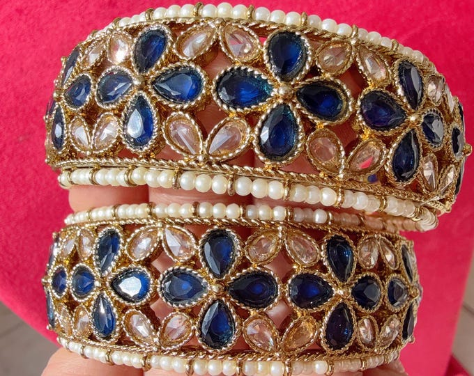 Openable Blue  Kundan Polki bridal Bangles kada pair/antique Finished Kundan Polki wide Kada/Indian Jewelry/Blue Kundan Kangan