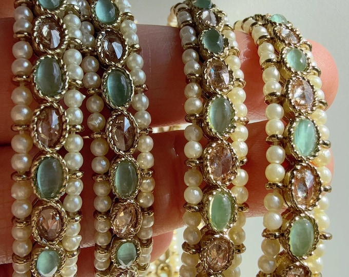 Mint Kundan Bangles/Polki Kundan  Pearl Bangles Set(4 Pc) /Indian Jewelry/ Kundan Bangles/Mint  kundan bangles/Indian Bangles
