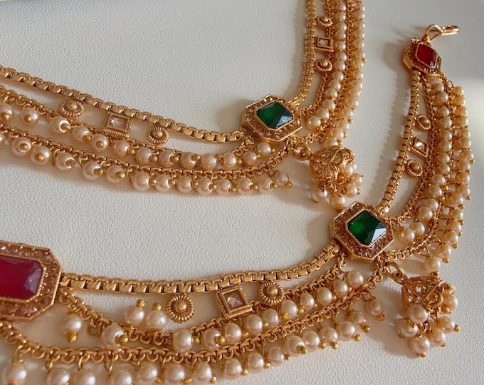 Gold plated Ruby Green kemp  Ear Chain/Sahare/Earring support chain/Kaan sahara//Pakistani Jewelry/Bahubali Earrings/Indian Jewelry
