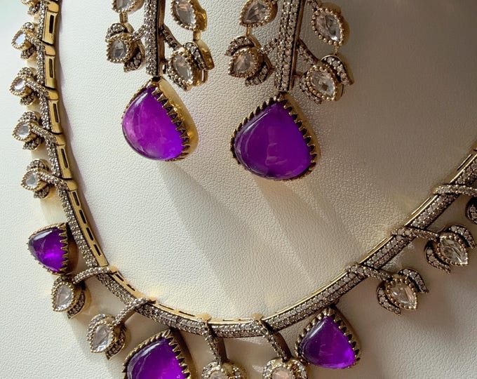 Moissanite doublet stones Purple Necklace set /Doublet Uncut Kundan  Necklace Antique Finish/   Moissanite Purple kundan Necklace Set