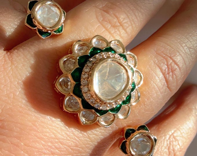 Bridal Kundan Moissanite Meenakari Ring/green bridal Ring/Double Finger Kundan Statement Ring /Two Finger Kundan ring