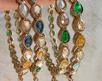 Antique Gold Kundan Polki Jhumka Bangle Set | Indian Bridal Pearl Bracelet