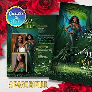 May include: A green and gold memorial bi-fold with the name "Melissa Kelly" and the text "In loving memory." The design includes portraits of a woman in a green dress and rose accents. The words "8 PAGE BIFOLD" are at the bottom.