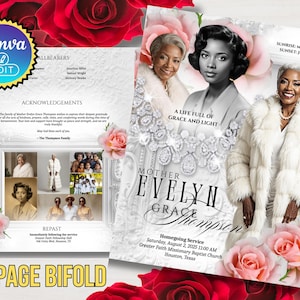 May include: An 8-page bifold memorial service program with a floral theme. The cover features a portrait of a woman, the text "Mother Evelyn Grace Thompson", and the words "A Life Full of Grace and Light".