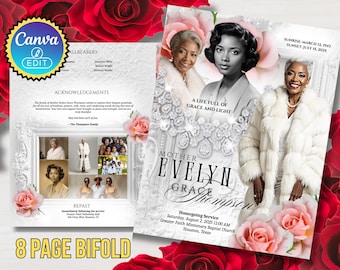 May include: An 8-page bifold memorial service program with a floral theme. The cover features a portrait of a woman, the text "Mother Evelyn Grace Thompson", and the words "A Life Full of Grace and Light".