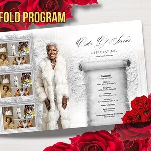 May include: A bi-fold program with a woman in a white fur coat. The program features a portrait of the woman and a list of service details. Red roses frame the program.
