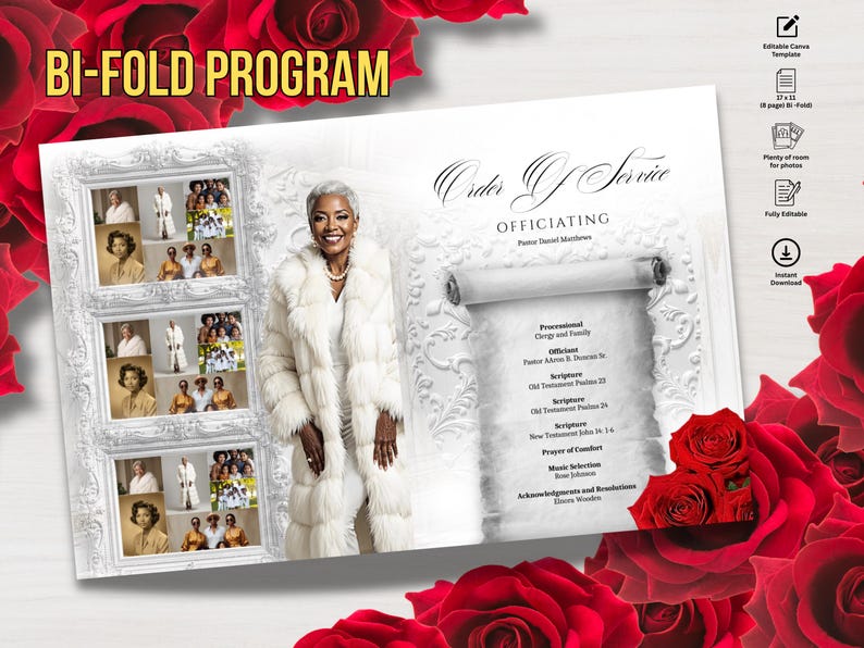 May include: A bi-fold program with a woman in a white fur coat. The program features a portrait of the woman and a list of service details. Red roses frame the program.