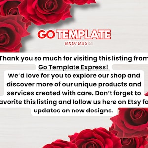 May include: Image features the text "GO TEMPLATE expresss" in red, with a message thanking visitors and inviting them to explore the shop for unique products and services. Red roses frame the text.