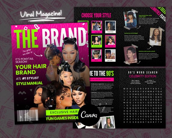 90's Neon Hairstylist Magazine Template: Hair, Braids, Makeup (Canva)