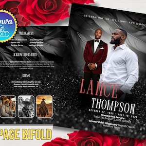 Puede incluir: Un diseño de bi-fold conmemorativo con un tema en blanco y negro, con dos hombres con ropa formal. El diseño incluye texto como "Lance Thompson" y "Homegoing Service". Rosas rojas enmarcan el diseño.