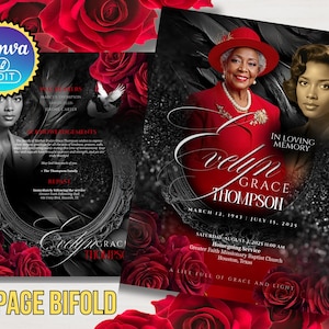 May include: A memorial bi-fold design featuring a portrait of a woman in a red hat and suit, with the name "Evelyn Grace Thompson" in elegant script. The design includes red roses and the text "In Loving Memory".