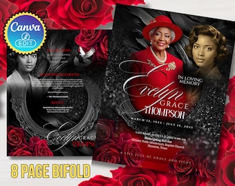 May include: A memorial bi-fold design featuring a portrait of a woman in a red hat and suit, with the name "Evelyn Grace Thompson" in elegant script. The design includes red roses and the text "In Loving Memory".