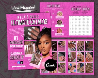 May include: A pink and white magazine cover with the title "NYLA'S NAILS ULTIMATE CATALOG" and the text "#1 MAGAZINE IN THE INDUSTRY" and "CLASSY NAILS FRENCH TIP". The cover features a photo of a woman with long, manicured nails and the text "Viral Magazine!" and "This or That" and "JO'S WORD SEARCH CELEBRITY EDITION".