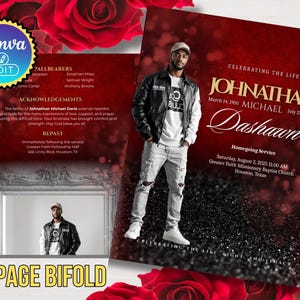 Peut inclure: Une carte commémorative pliée en deux, rouge et noire, avec la photo d'un homme. Le texte indique "Célébration de la vie de Johnathan Michael Dashawn". Des roses rouges entourent la carte.