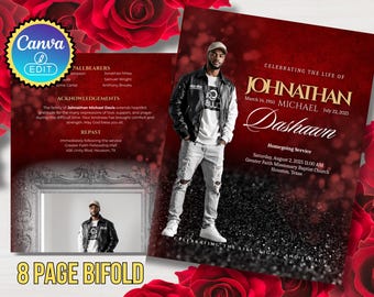 May include: A red and black bi-fold memorial card with a photo of a man. The card includes text that reads "Celebrating the Life of Johnathan Michael Dashawn". The card is surrounded by red roses.