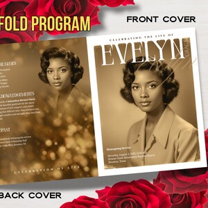 May include: A bi-fold program with a sepia-toned portrait of a woman on the front and back covers. The front cover reads "Celebrating the Life of Evelyn Grace." The back cover includes text about pallbearers, acknowledgements, and repast.