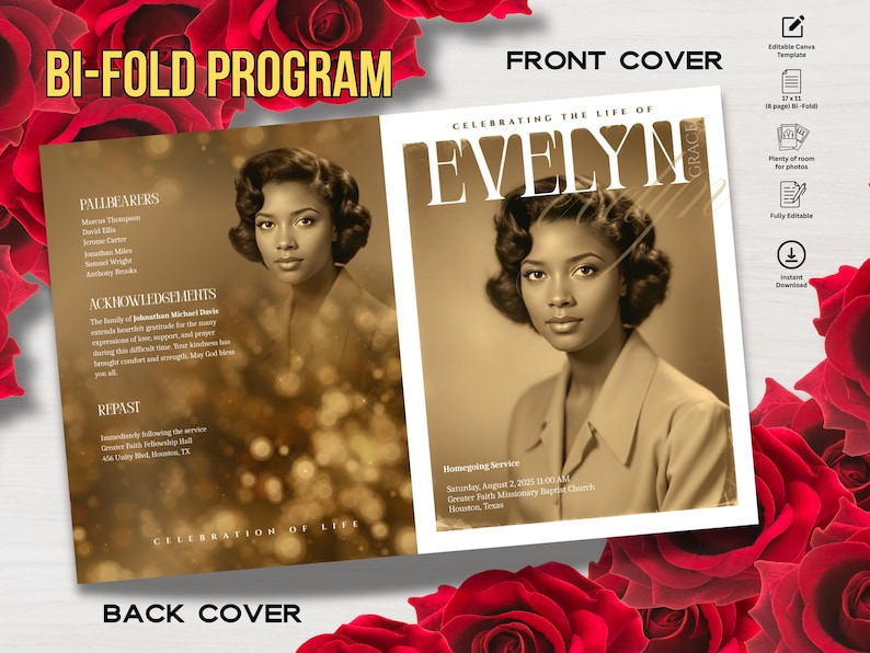 May include: A bi-fold program with a sepia-toned portrait of a woman on the front and back covers. The front cover reads "Celebrating the Life of Evelyn Grace." The back cover includes text about pallbearers, acknowledgements, and repast.