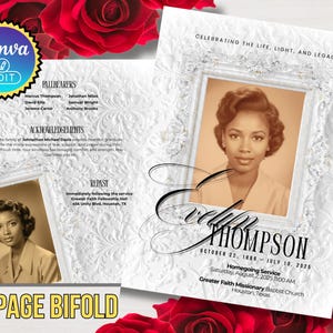 May include: A white 8-page bi-fold memorial card with a photo of a woman in a white frame. The card includes text that reads "Celebrating the Life, Light, and Legacy" and "Evelyn Thompson". Red roses are in the background.