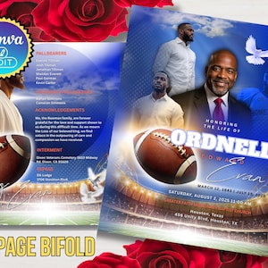 May include: A memorial bi-fold design with a football and images of men. The design includes text that reads "Honoring the Life of Ordnell Edward Evan" and "8 Page Bi-fold". The background is blue with a stadium.