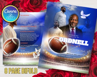 Blue Football Funeral Program Template: Celebration of Life (8.5x11) (Canva Editable, Digital Download)