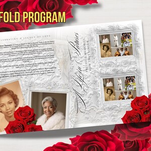 May include: A bi-fold program with the text "BI-FOLD PROGRAM" and "CELEBRATING A LEGACY OF LOVE". The cover features the words "Life in Pictures" and "PRECIOUS MEMORIES HOW THEY LINGER..." in elegant script. The design includes photos and red roses.