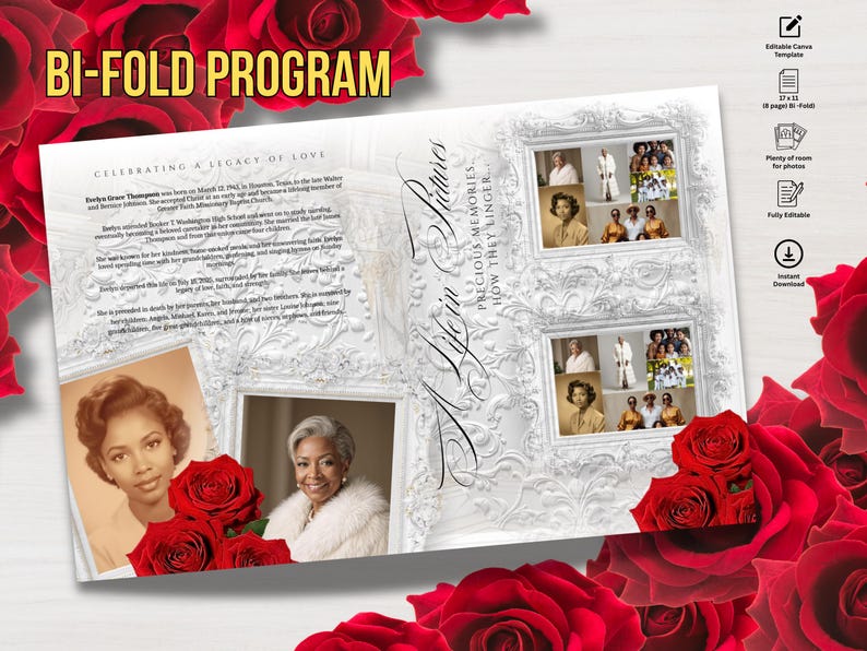 May include: A bi-fold program with the text "BI-FOLD PROGRAM" and "CELEBRATING A LEGACY OF LOVE". The cover features the words "Life in Pictures" and "PRECIOUS MEMORIES HOW THEY LINGER..." in elegant script. The design includes photos and red roses.