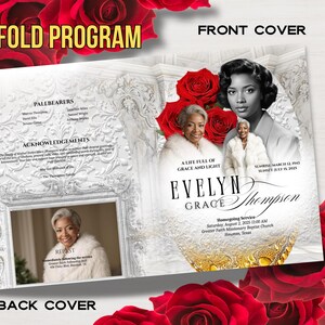 May include: A bi-fold program with a floral design, featuring the text "BI-FOLD PROGRAM" and "FRONT COVER". The program includes images of a woman and red roses. The name "EVELYN GRACE Thompson" is prominently displayed.