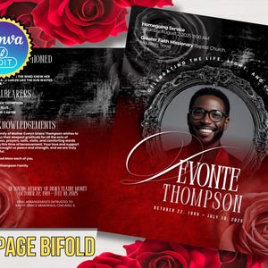 Op de afbeelding: Een gedenk-bifold brochure met een rode en zwarte gradiënt achtergrond, met een foto van een man in een decoratief frame. Tekst bevat "Evonte Thompson" en data. De brochure is omgeven door rode rozen.