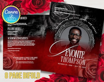May include: A memorial bi-fold brochure with a red and black gradient background, featuring a photo of a man in a decorative frame. Text includes "Evonte Thompson" and dates. The brochure is surrounded by red roses.