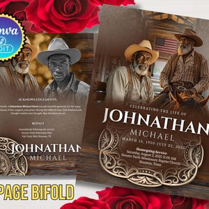 Puede incluir: Una tarjeta conmemorativa plegable con un tema de vaquero. La parte delantera presenta un retrato de un hombre con sombrero de vaquero y el texto "Celebrating the Life of Johnathan Michael". El fondo incluye rosas.