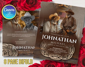 Funeral Program Template: 8-Page Brown Obituary, Canva (Digital File)