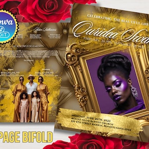 May include: A bi-fold memorial program with a gold frame and a portrait of a woman with purple makeup. The program includes text that reads "Celebrating the Beautiful Life" and "8 Page Bi-fold."
