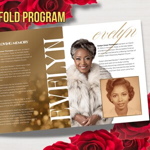 May include: A bi-fold program with the text "BI-FOLD PROGRAM" at the top. The program features a photo of a woman and a vintage photo. The text "EVELYN" is written vertically. The background is gold with red roses.
