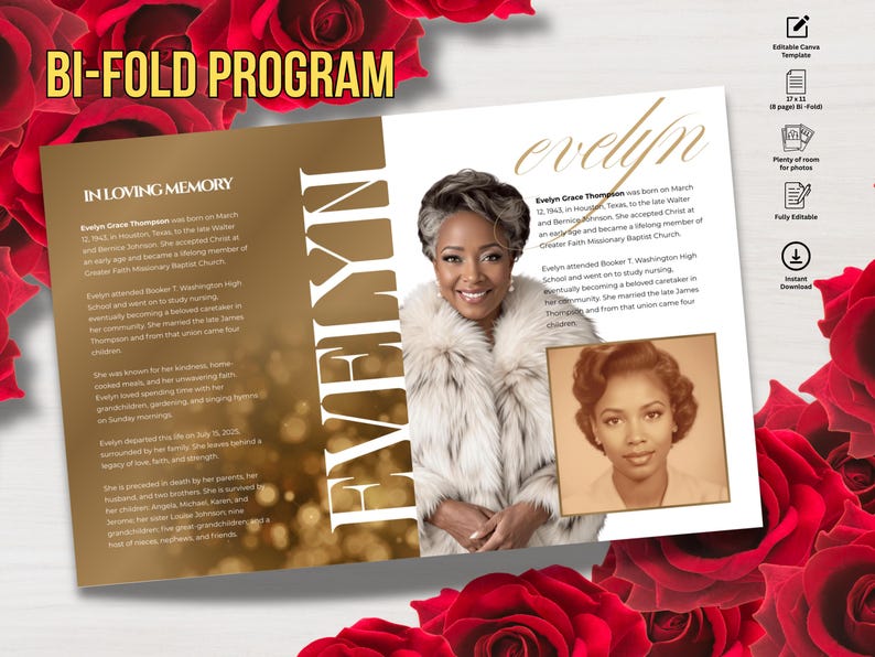 May include: A bi-fold program with the text "BI-FOLD PROGRAM" at the top. The program features a photo of a woman and a vintage photo. The text "EVELYN" is written vertically. The background is gold with red roses.