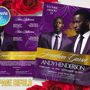 May include: A purple and gold memorial bi-fold brochure with images of men in suits. The brochure includes text such as "In Loving Memory Of" and "Jonathan Garret Andy Henderson". The background features red roses.