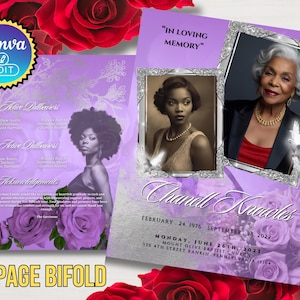 May include: A lavender and silver 8-page bifold memorial card with photos of a woman, text that reads "In Loving Memory", and the name Chanell Knowles. The card is decorated with roses.