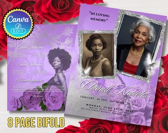 Funeral Program Template: purple and silver Flower Obituary, Celebration of Life (Canva, 8.5x11, 8-Page) in loving memory Loss of mother