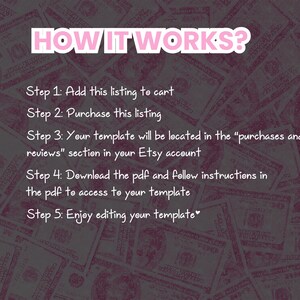 May include: A text-based image with a pink background and a white outline. The text reads "HOW IT WORKS?" and outlines the steps to purchase and download a digital template. The steps are: 1. Add this listing to cart, 2. Purchase this listing, 3. Your template will be located in the "purchases and reviews" section in your Etsy account, 4. Download the pdf and follow instructions in the pdf to access to your template, 5. Enjoy editing your template.