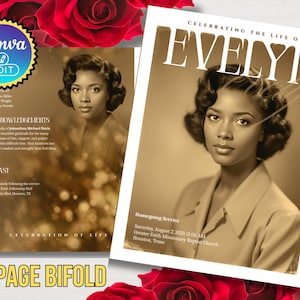 May include: A sepia-toned memorial bi-fold featuring a portrait of a woman. The cover reads "Celebrating the Life of Evelyn Grace." Additional text includes "Homegoing Service" details and "8 Page Bi-fold."