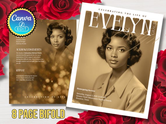 Gold Funeral Program Obituary Template: 8-Page Canva Layout (8.5x11) (Digital)