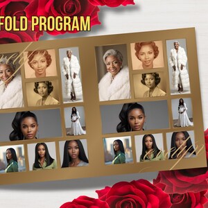 May include: A gold bi-fold program template with multiple portrait photos. The text "BI-FOLD PROGRAM" is at the top. The template includes space for photos and text, with a floral background.
