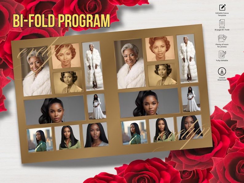 May include: A gold bi-fold program template with multiple portrait photos. The text "BI-FOLD PROGRAM" is at the top. The template includes space for photos and text, with a floral background.