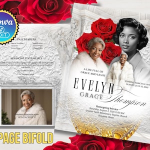 May include: An 8-page bifold memorial card with a portrait of a woman, red roses, and decorative elements. The card includes the text "EVELYN GRACE Thompson" and details for a Homegoing Service.